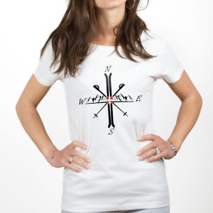 PROMO T-SHIRT FEMME : MONTAGNE SKI BOUSSOLE-BLANC-S